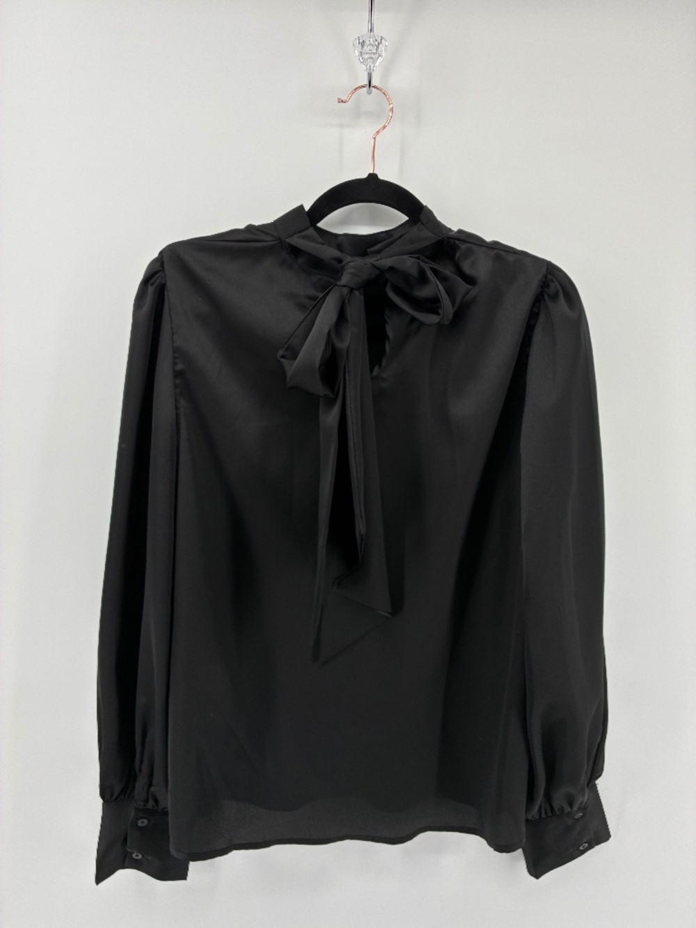 Black Silky Balloon Sleeve Blouse w Neck Tie